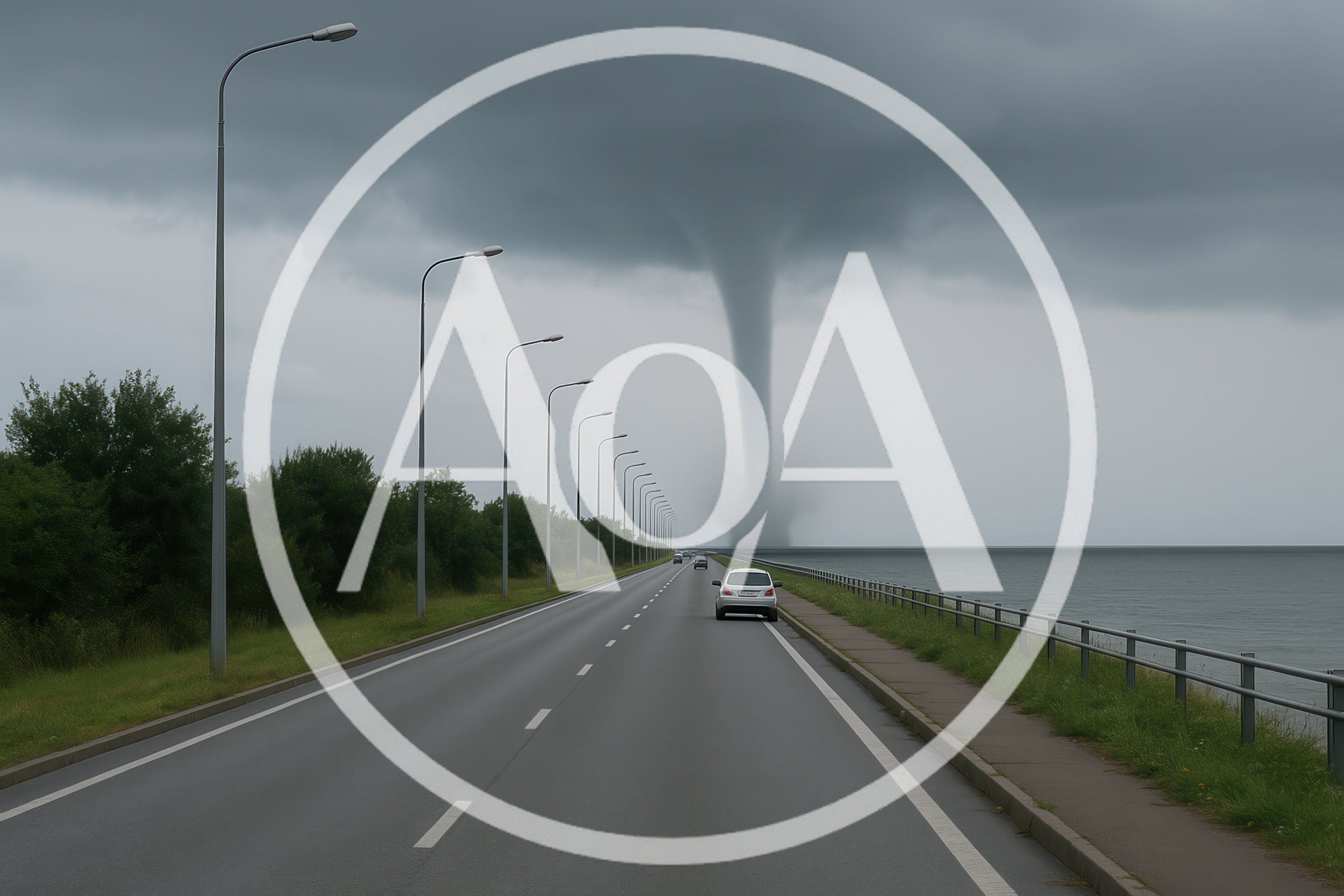 Tornado Approaching A Coastal Road With Moving Traffic