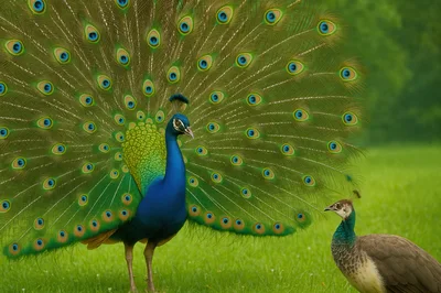 Male Peacock Displaying Feathers To A Peahen