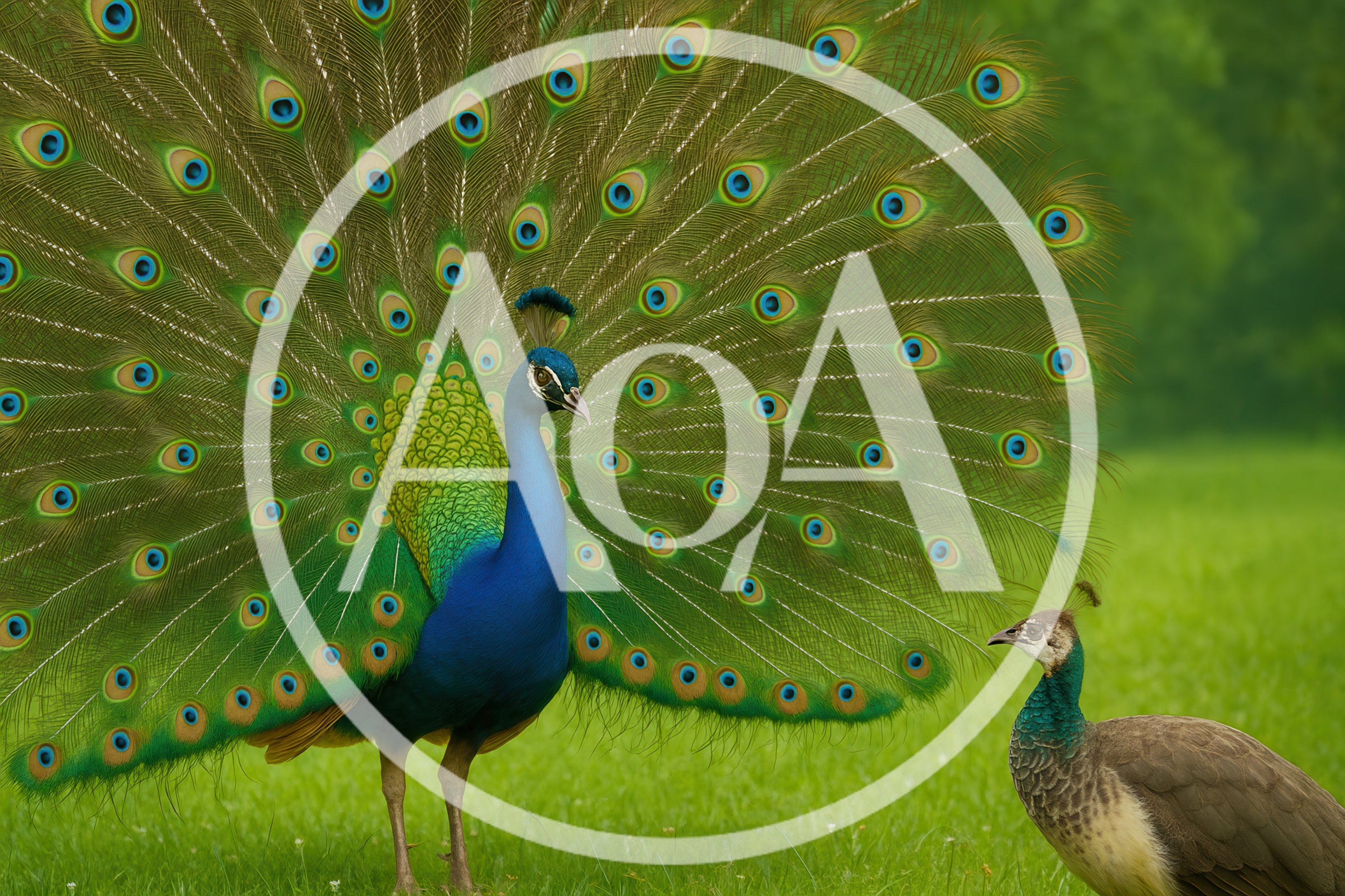 Male Peacock Displaying Feathers To A Peahen