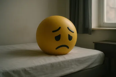 Sad Yellow Emoji Sphere Sitting On A Bed