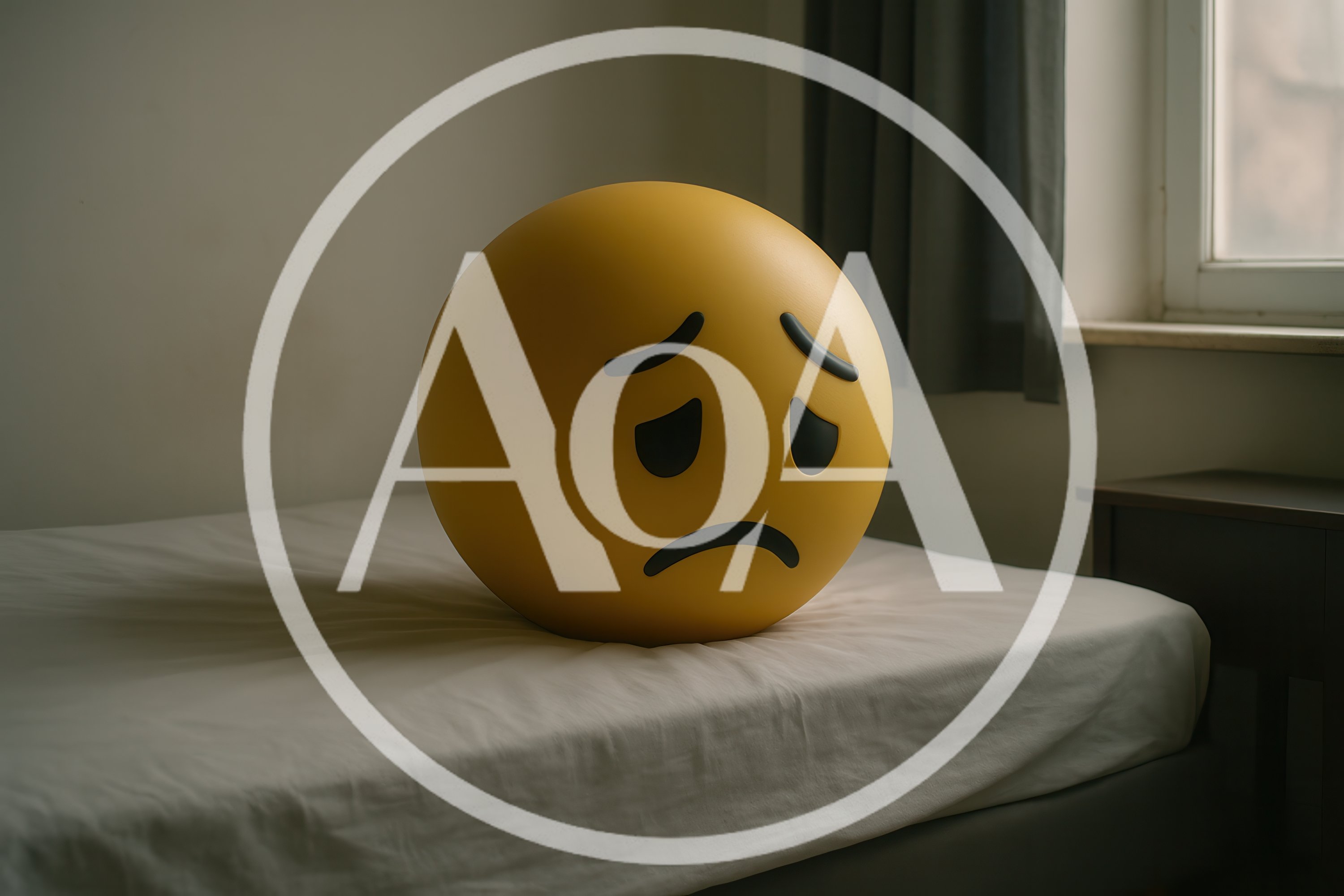 Sad Yellow Emoji Sphere Sitting On A Bed