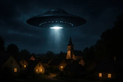 UFO Hovering Over A Quiet Village At Night