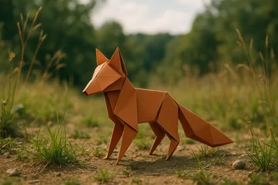 Origami Paper Fox Standing In A Grassy Field