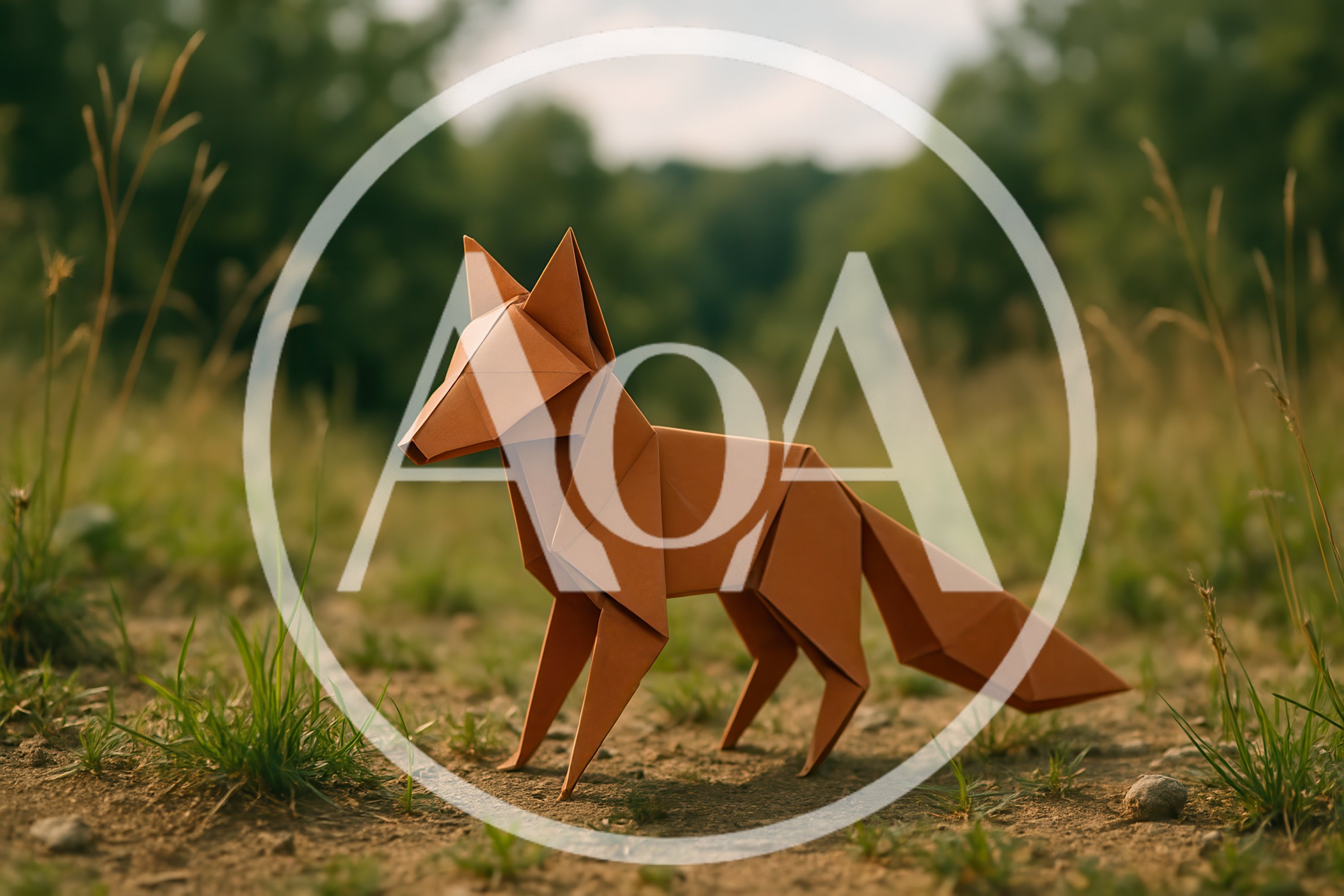 Origami Paper Fox Standing In A Grassy Field