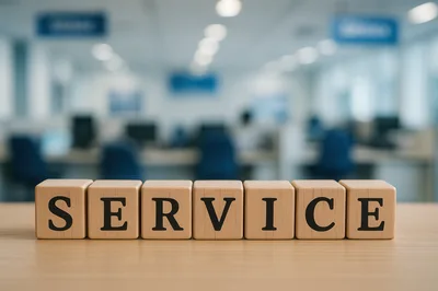 Wooden Blocks Spelling Service on Office Desk