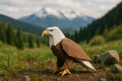 Origami Bald Eagle Standing In Mountain Landscape