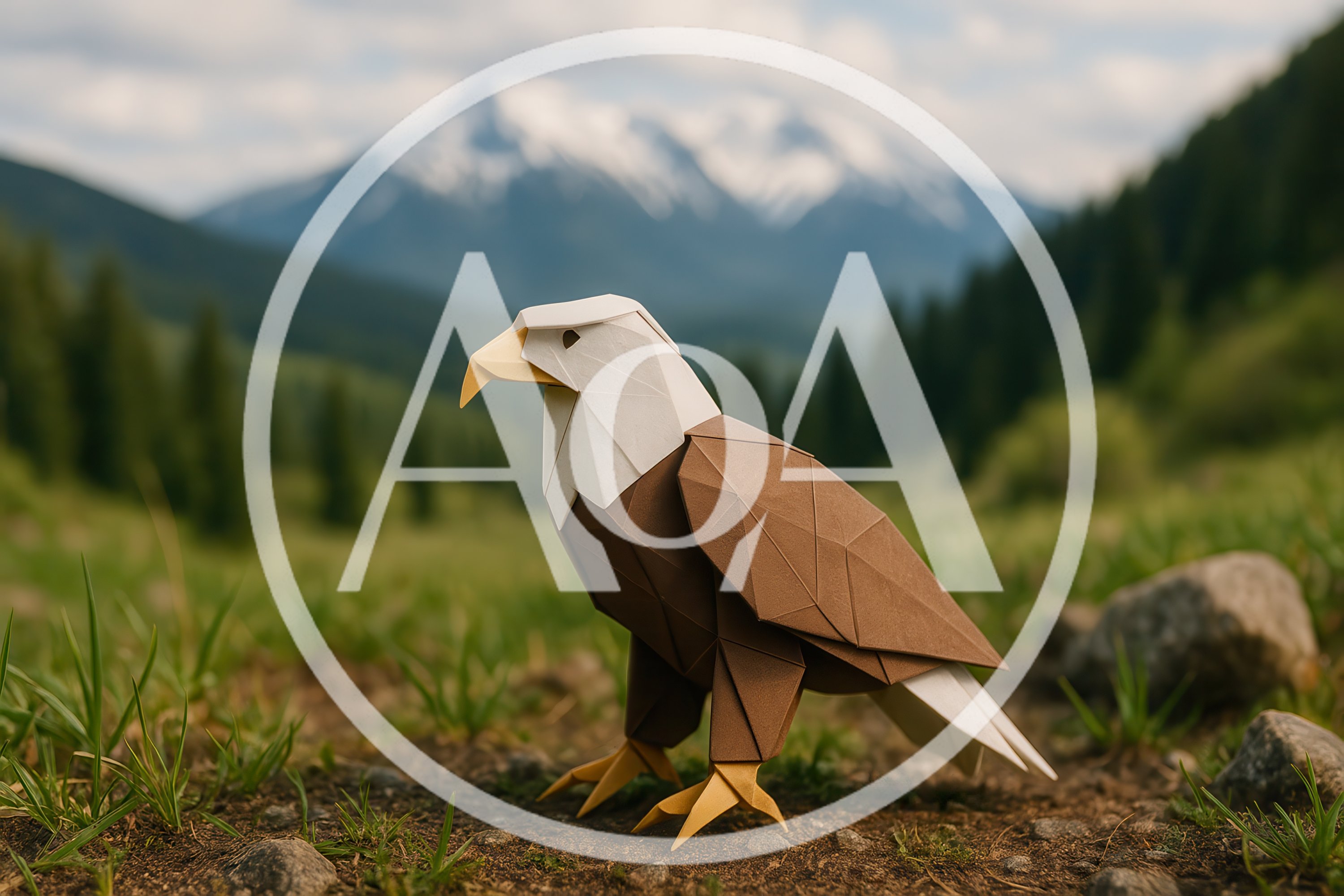 Origami Bald Eagle Standing In Mountain Landscape