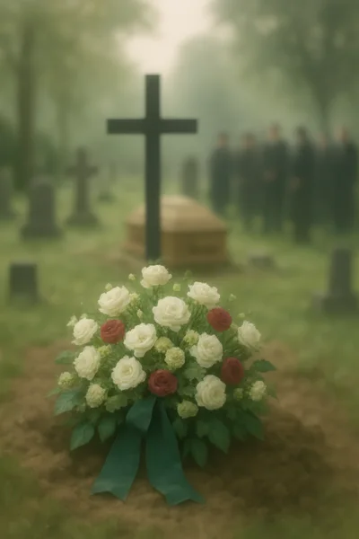 Funeral Service With Flowers At A Cemetery