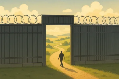 Silhouette Of A Man Walking Through A Prison Gate