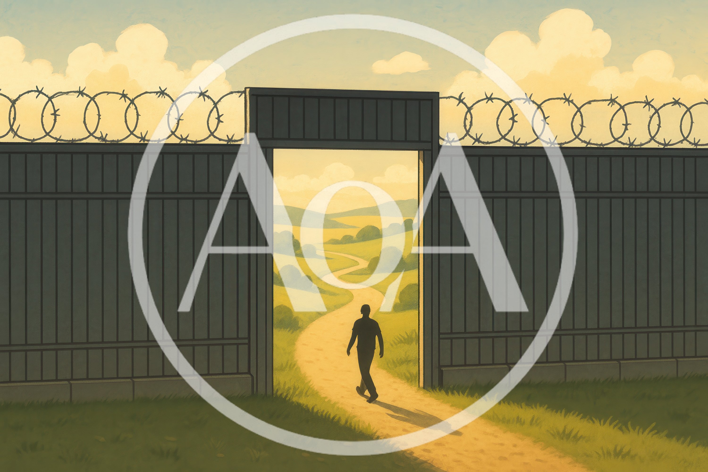 Silhouette Of A Man Walking Through A Prison Gate