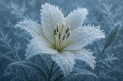 Frost Covered White Lily Flower In Winter