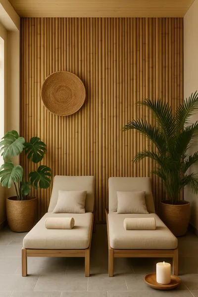Two Empty Spa Lounge Chairs In A Bamboo Room