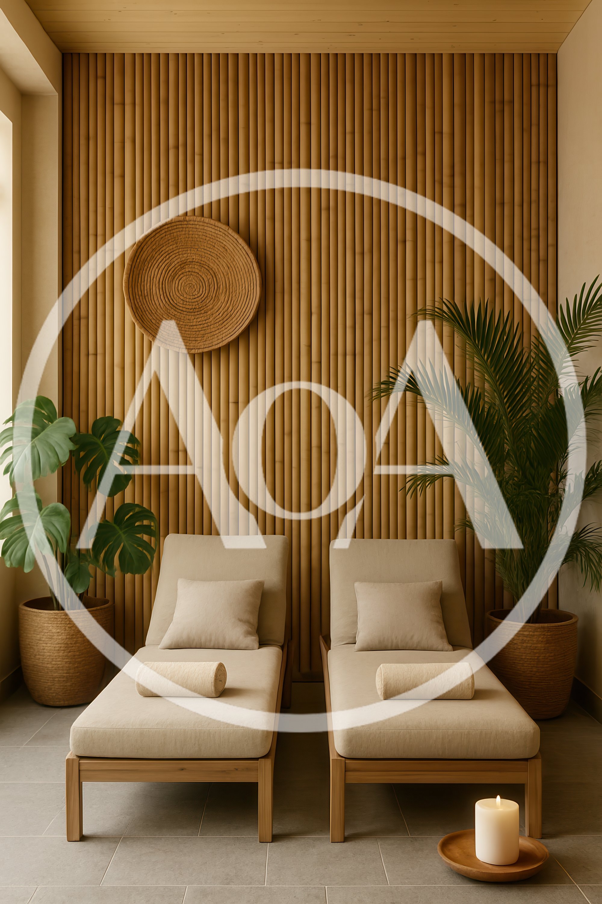 Two Empty Spa Lounge Chairs In A Bamboo Room