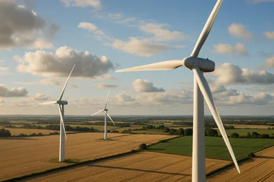 Aerial View Of Wind Turbines In Rural Landscape