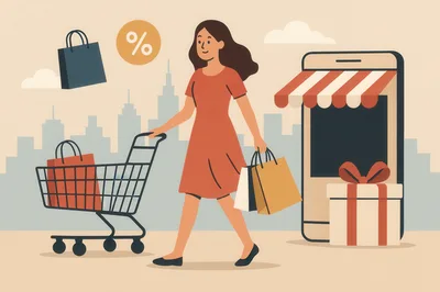 Woman Shopping Online With Cart And Gift