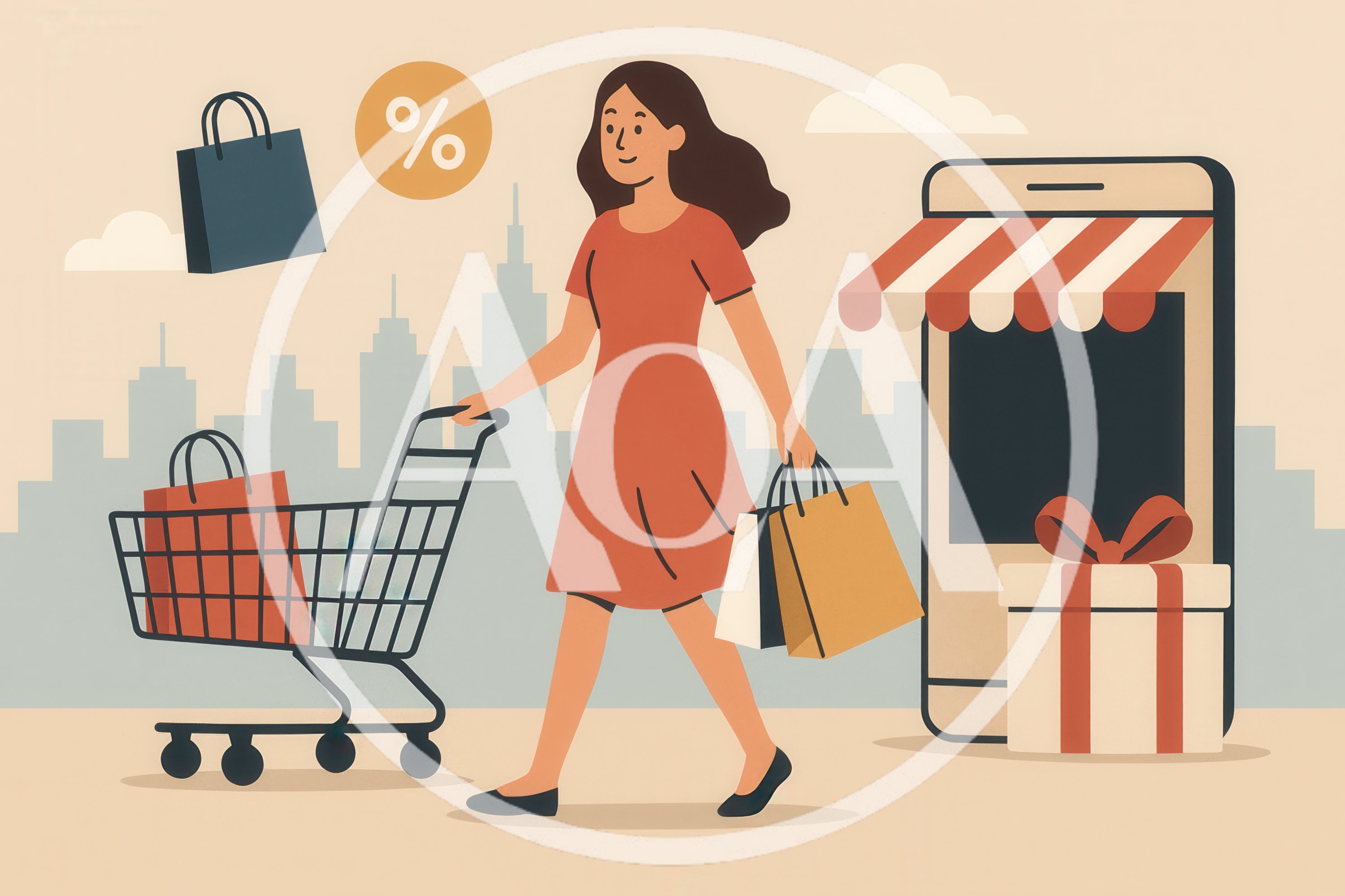 Woman Shopping Online With Cart And Gift