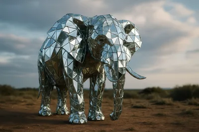 Mirrored Geometric Elephant Sculpture In African Savanna