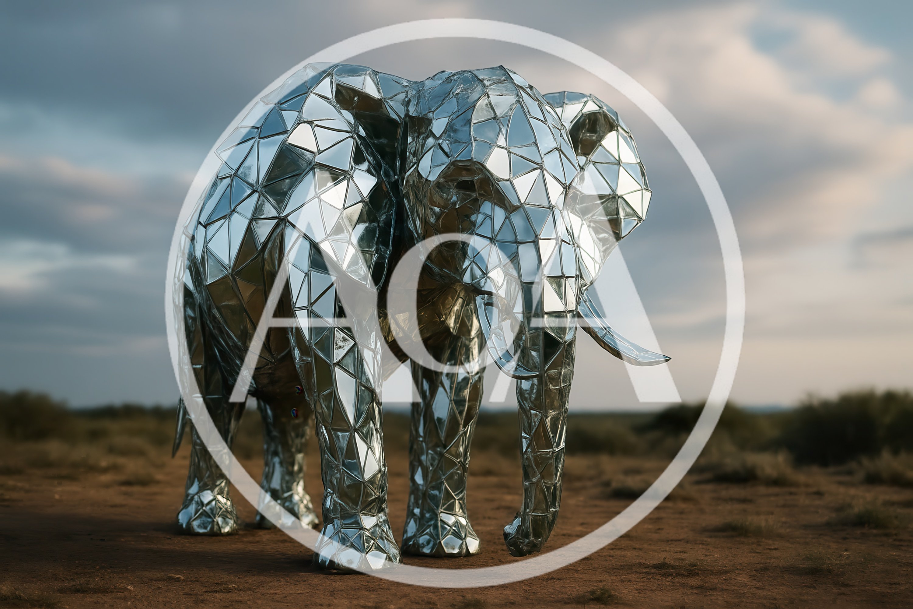 Mirrored Geometric Elephant Sculpture In African Savanna