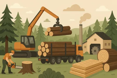 Logging Operations With Heavy Machinery And Lumberjack