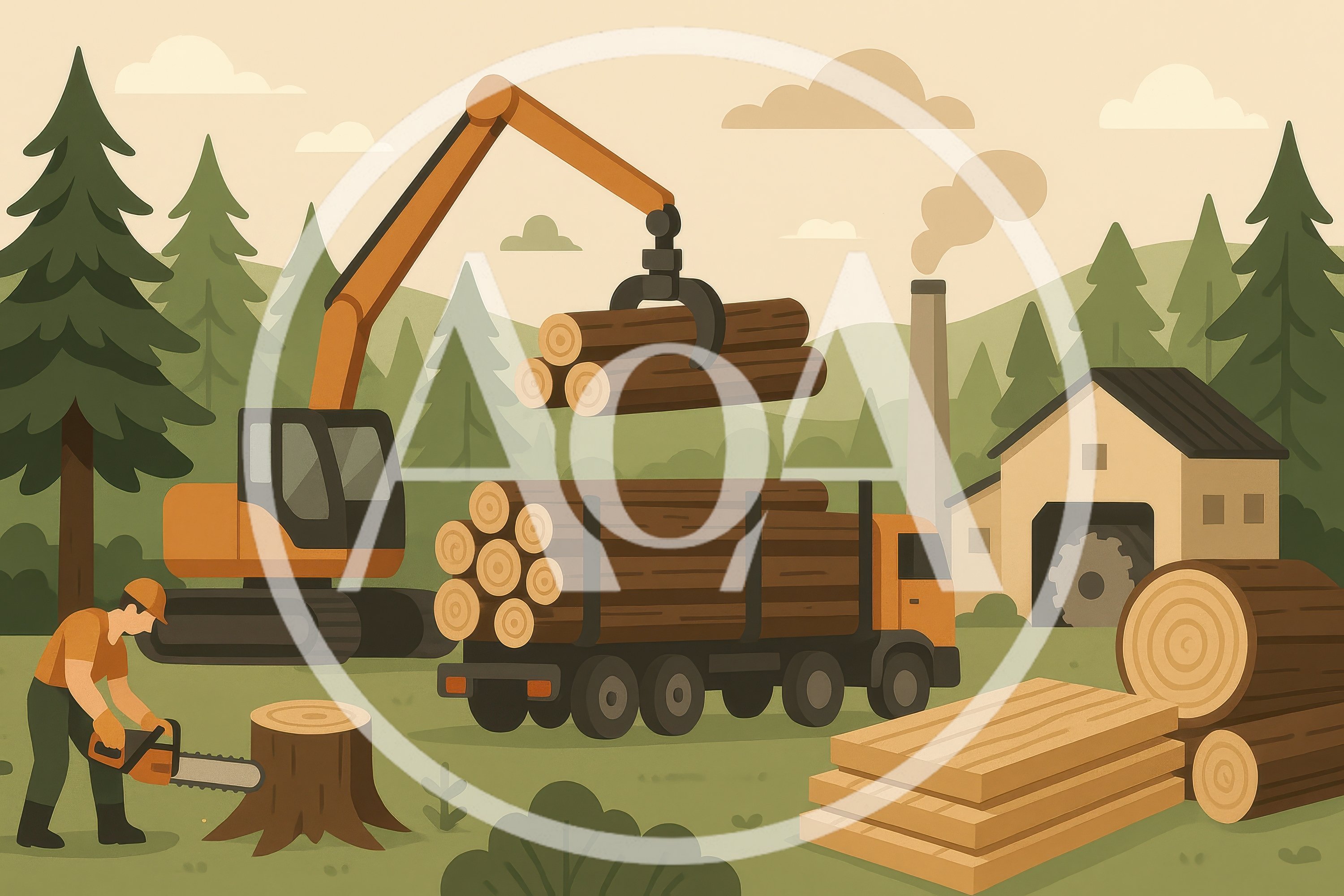 Logging Operations With Heavy Machinery And Lumberjack