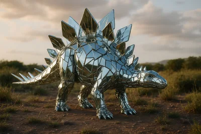 Mirrored Stegosaurus Sculpture Standing In A Desert Landscape