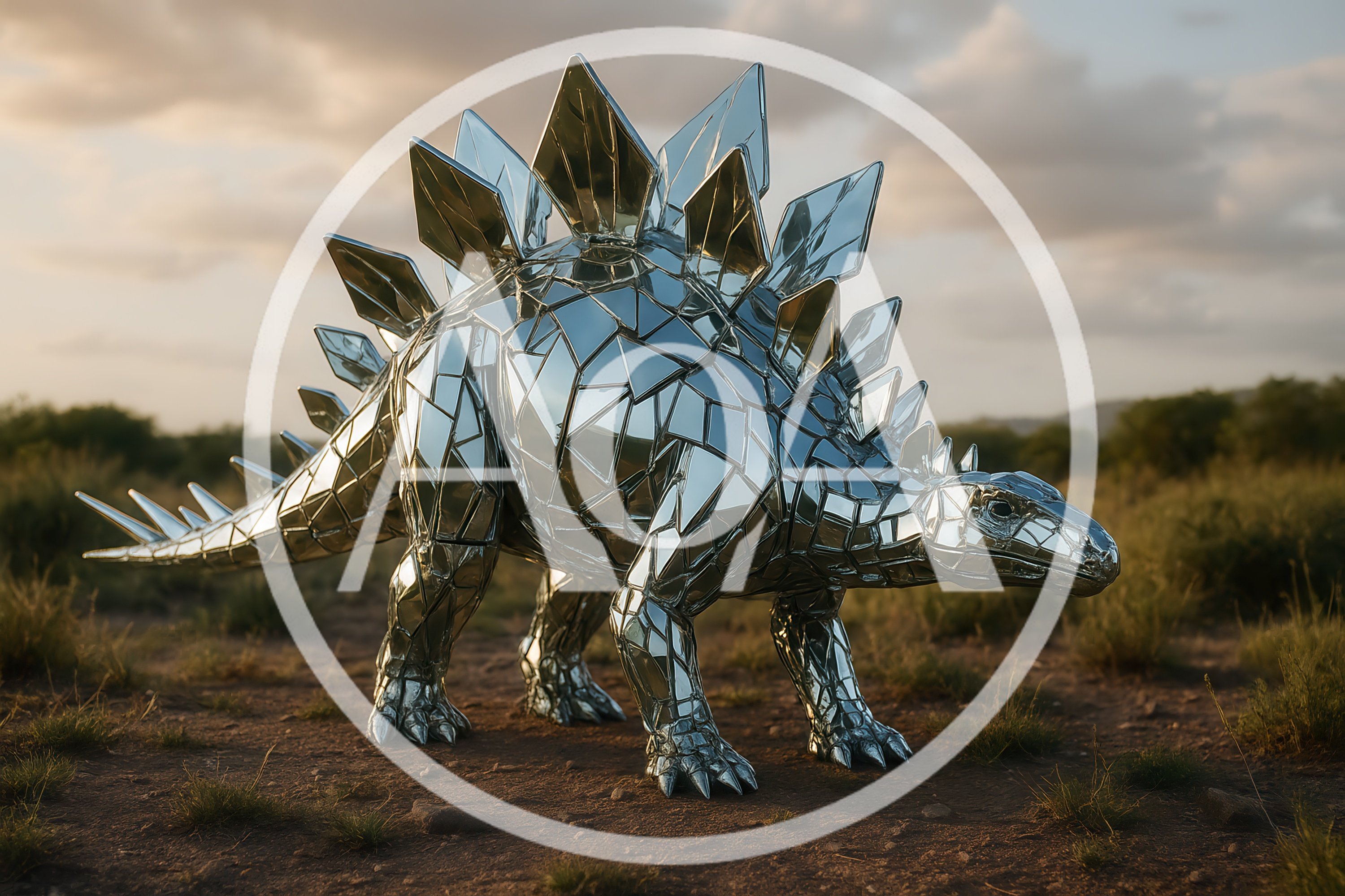 Mirrored Stegosaurus Sculpture Standing In A Desert Landscape