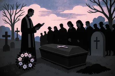 Funeral Service With Priest And Mourners At Cemetery