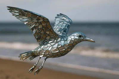 Metallic Geometric Seagull Sculpture Flying Over Beach