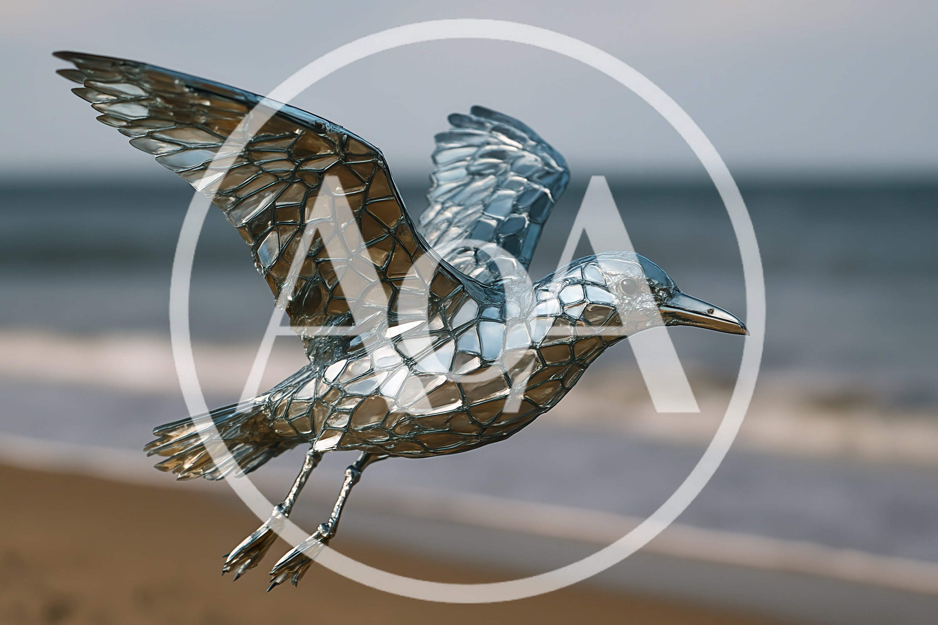 Metallic Geometric Seagull Sculpture Flying Over Beach