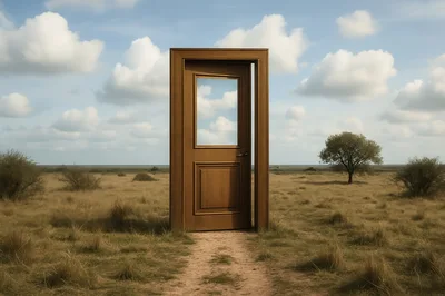 Surreal Wooden Door Standing Alone In A Grassy Field