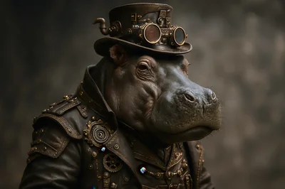 Steampunk Hippopotamus Portrait In Victorian Attire