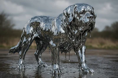 Liquid Chrome Mastiff Dog Sculpture Standing Outdoors