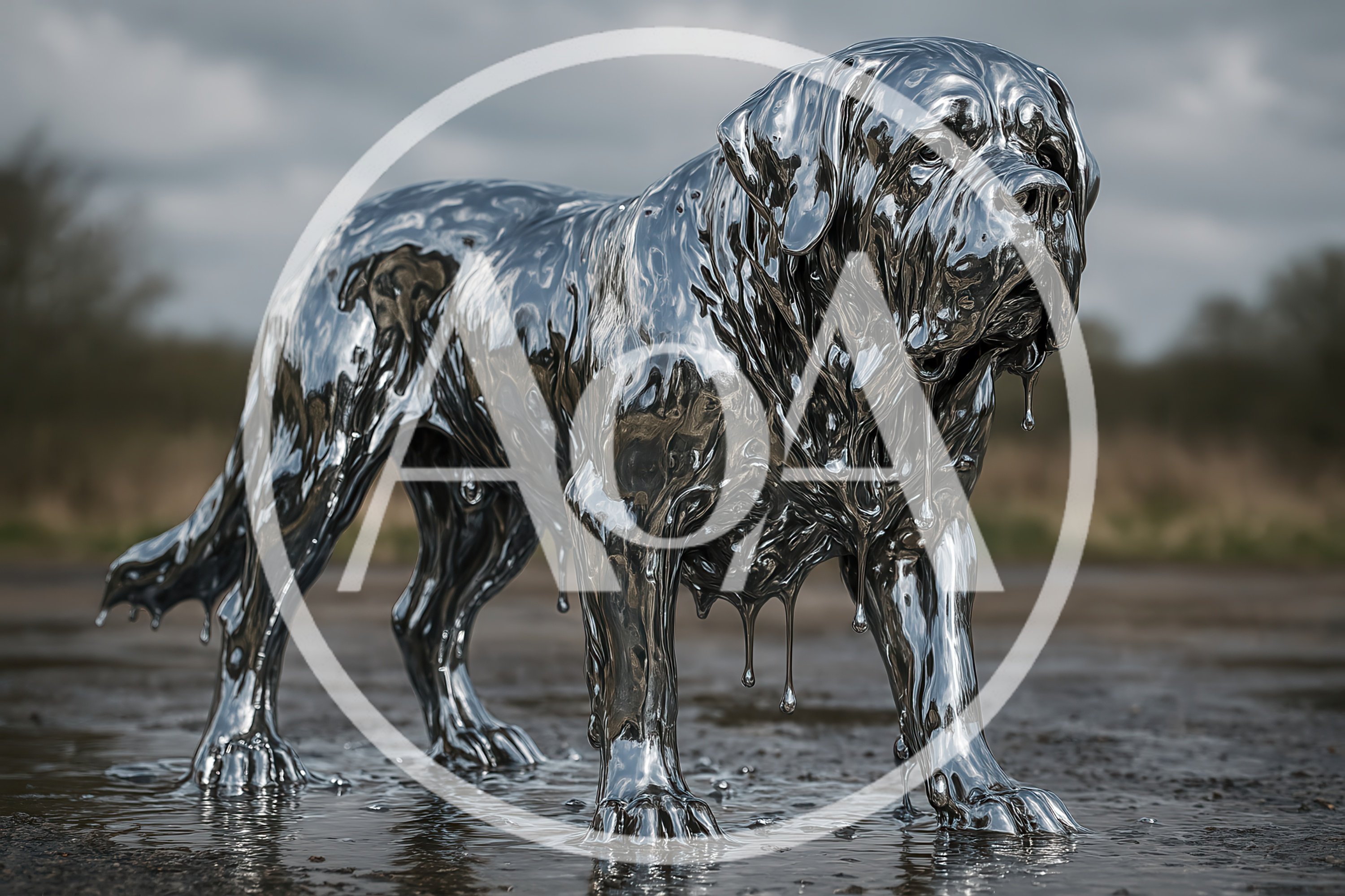Liquid Chrome Mastiff Dog Sculpture Standing Outdoors