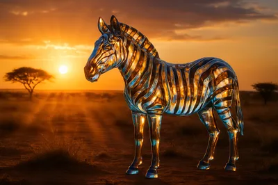 Metallic Zebra Sculpture Standing In African Savanna Sunset