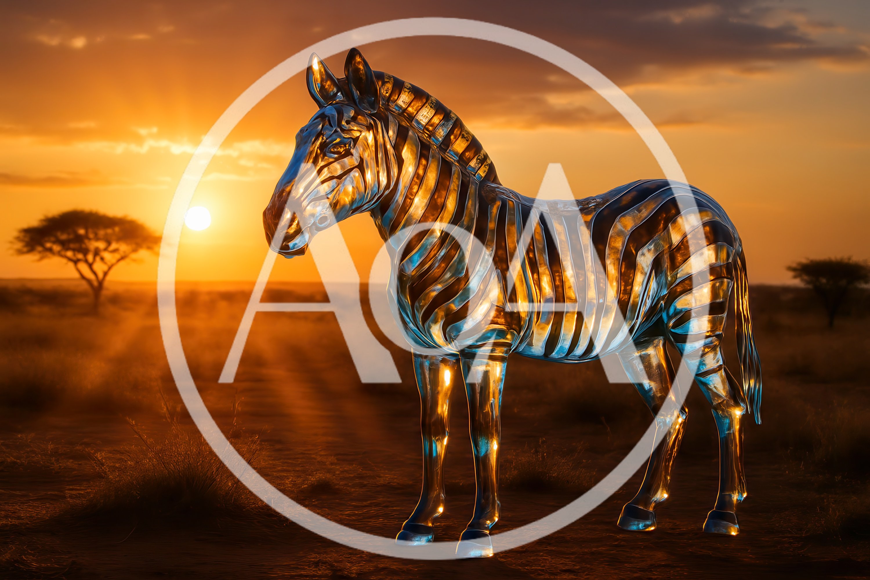 Metallic Zebra Sculpture Standing In African Savanna Sunset