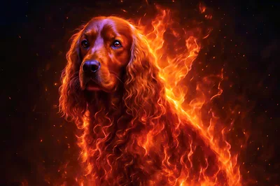 Irish Setter Dog Surrounded By Intense Magical Fire