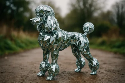 Mirrored Mosaic Poodle Sculpture Standing Outdoors