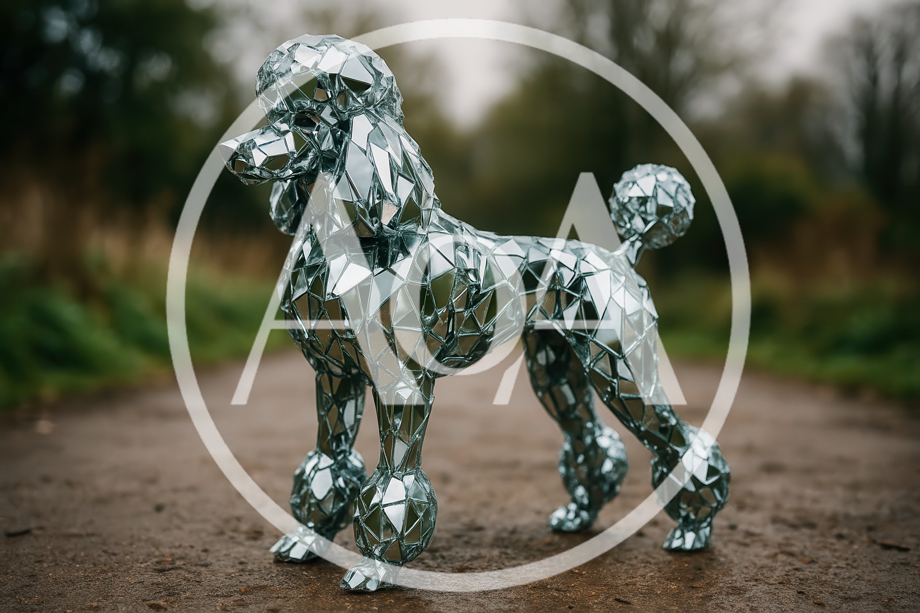 Mirrored Mosaic Poodle Sculpture Standing Outdoors