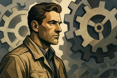 Portrait Of A Serious Man Against Industrial Gears