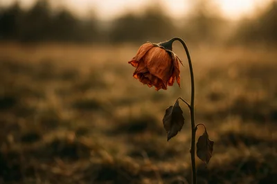 Wilted Rose Standing Alone In A Golden Field