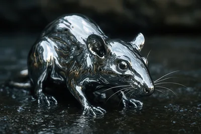 Metallic Chrome Rat Sculpture On Wet Ground