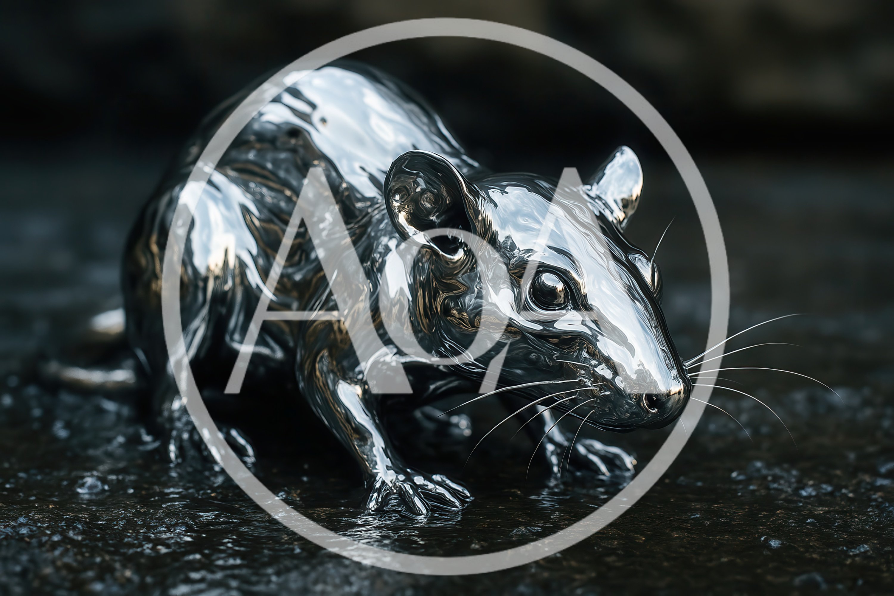 Metallic Chrome Rat Sculpture On Wet Ground