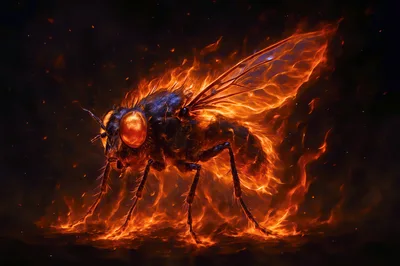 Fiery Housefly Engulfed In Intense Burning Flames