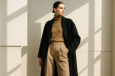 Elegant Woman In Black Coat And Beige Turtleneck