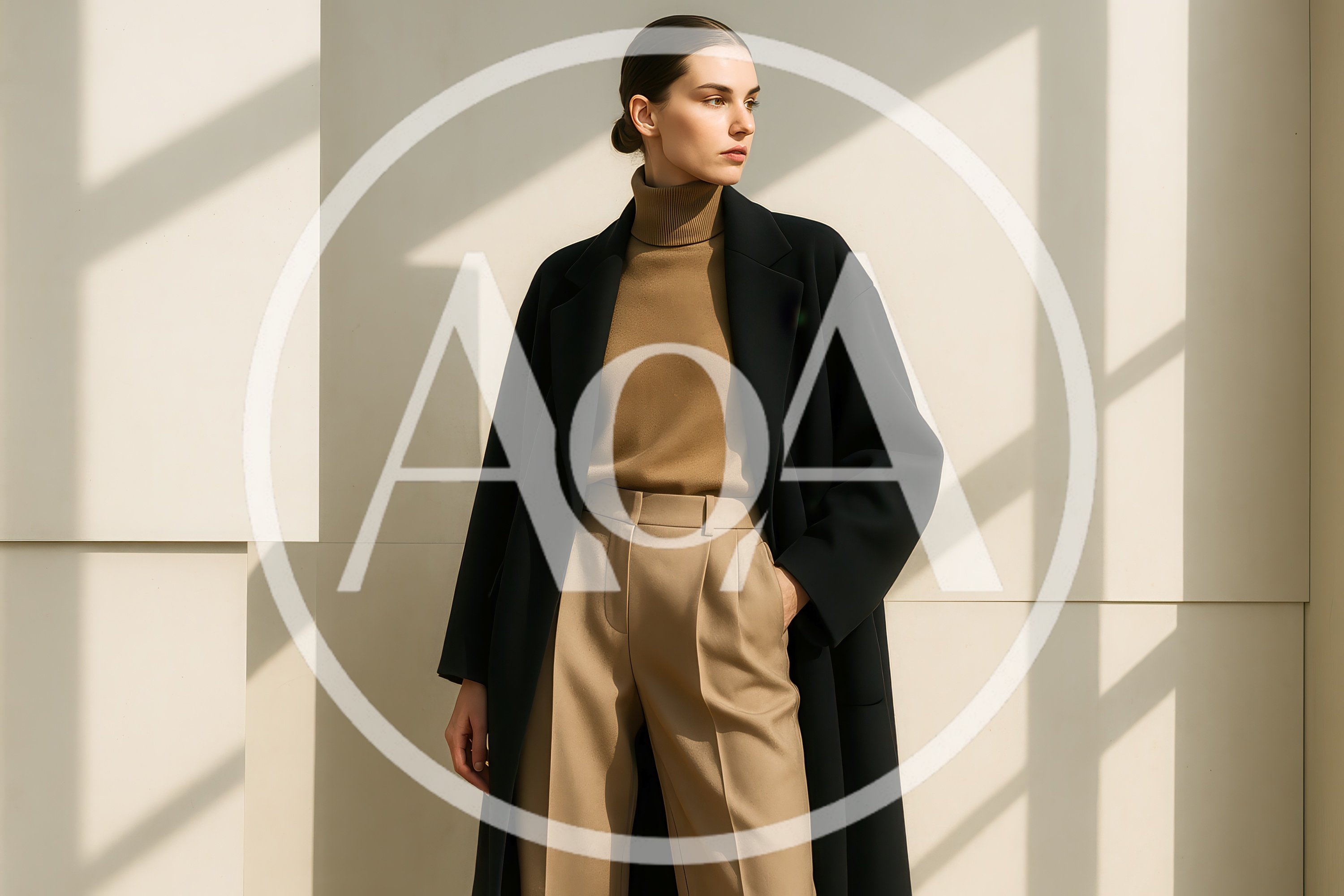 Elegant Woman In Black Coat And Beige Turtleneck