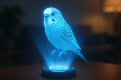Holographic Budgerigar Projection On A Futuristic Base