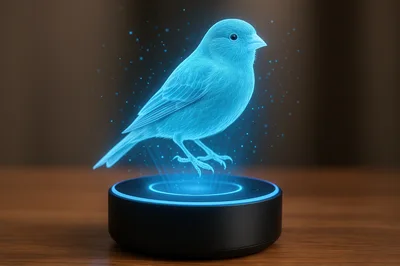 Holographic Blue Bird Projection Above Smart Speaker