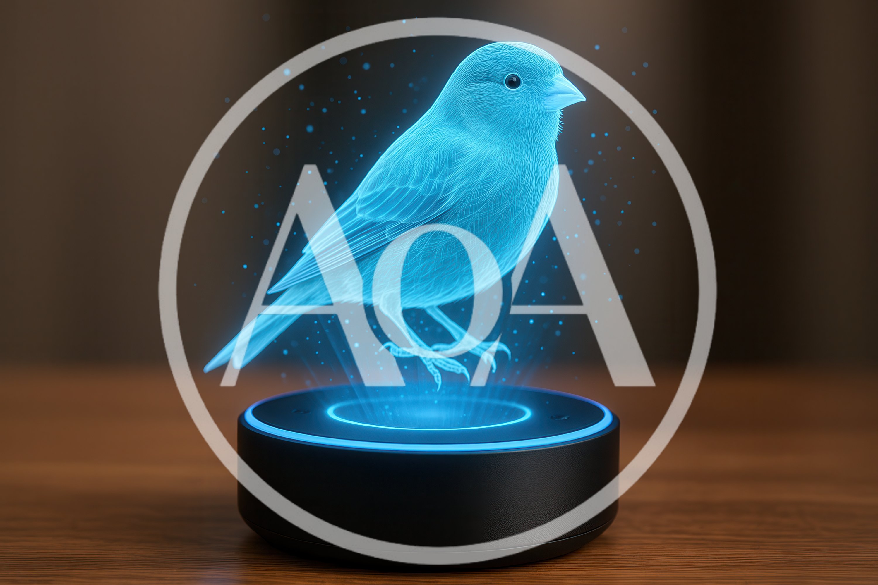 Holographic Blue Bird Projection Above Smart Speaker