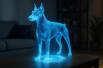 Holographic Doberman Pinscher Standing On A Table