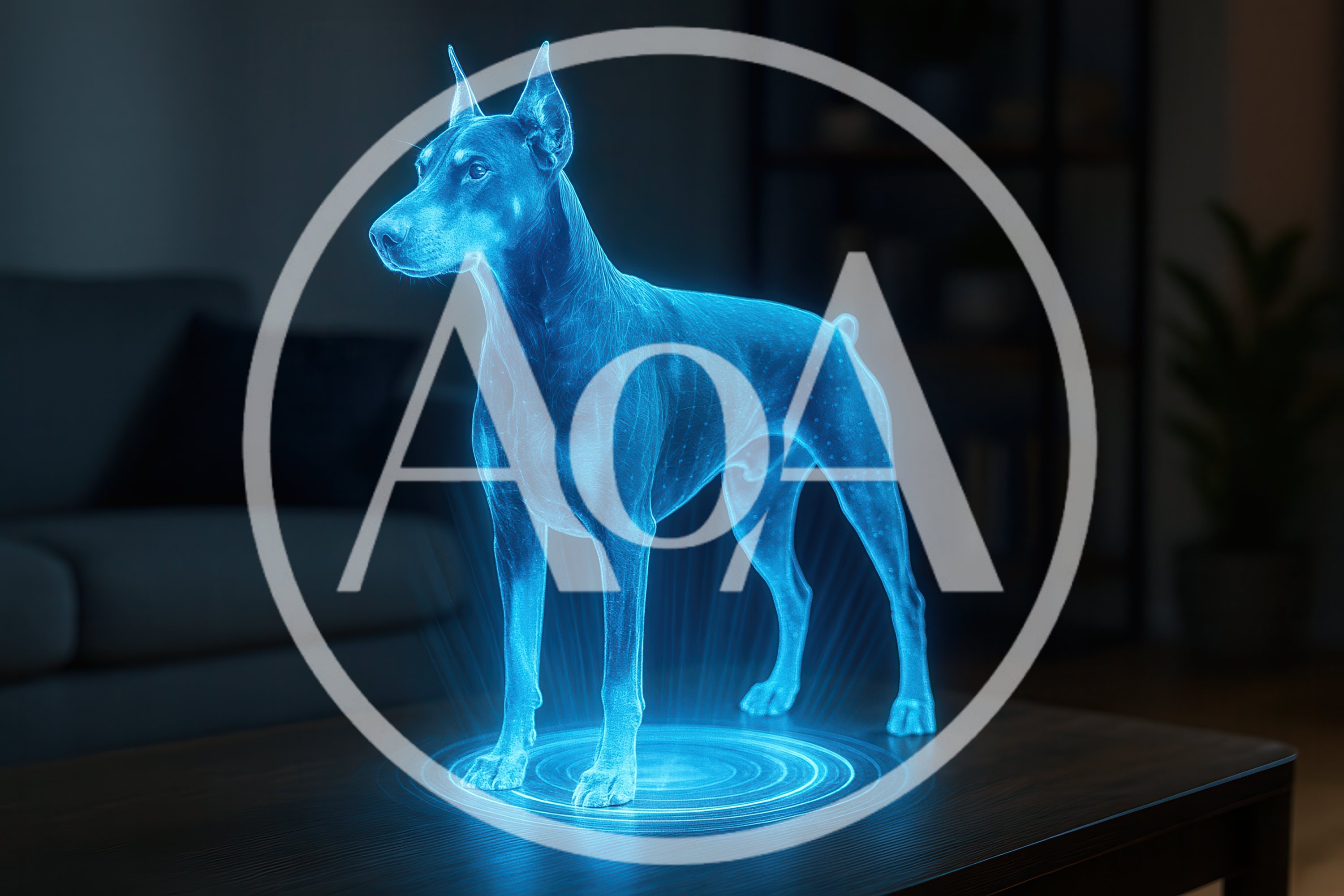 Holographic Doberman Pinscher Standing On A Table